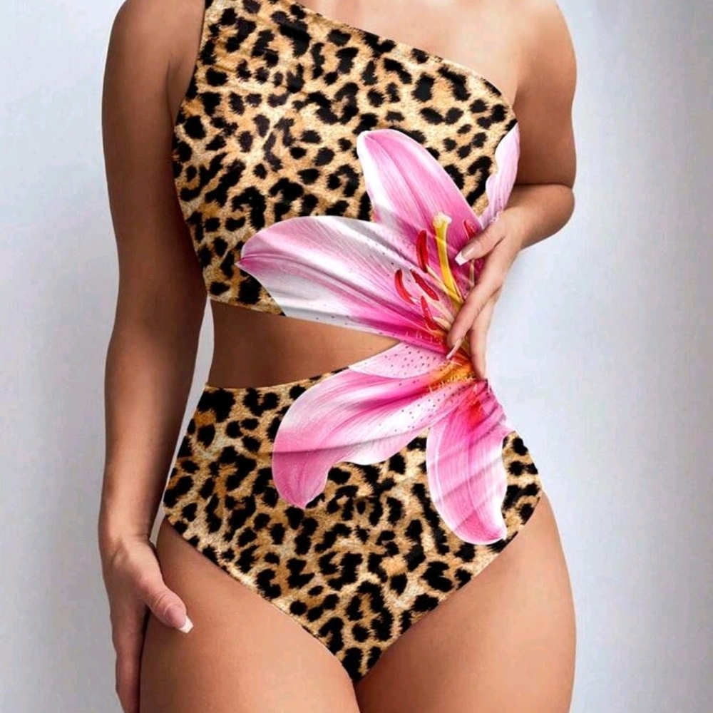 SHEIN One-Shoulder Leopard and Pink Floral Swimsuit